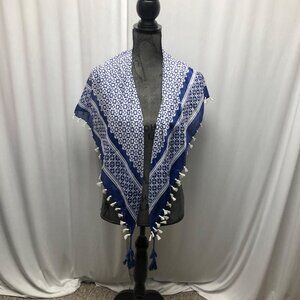 Blue White Geometric Pattern Tassel Scarf Wrap Square 39x41in